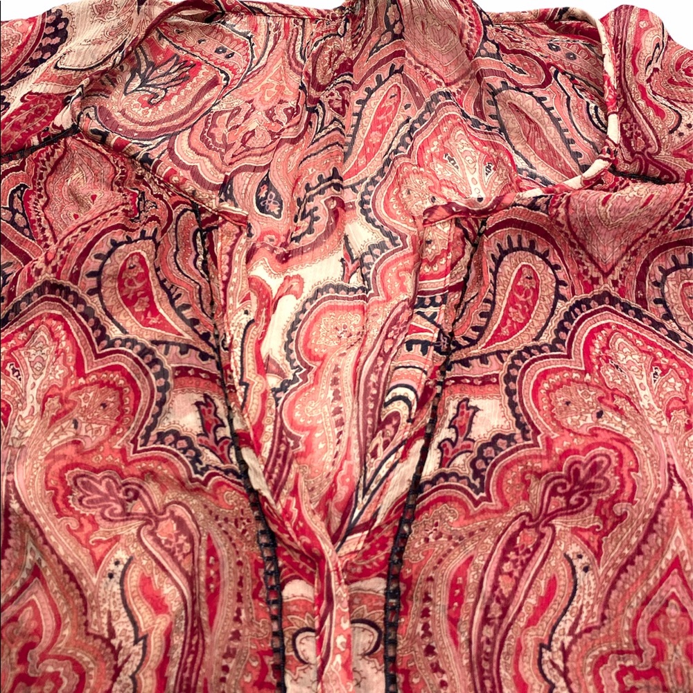 Lucky Brand red pink paisley printed sheer peasant blouse - Picture 6 of 8